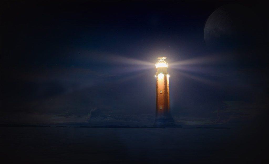 lighthouse, glow, night