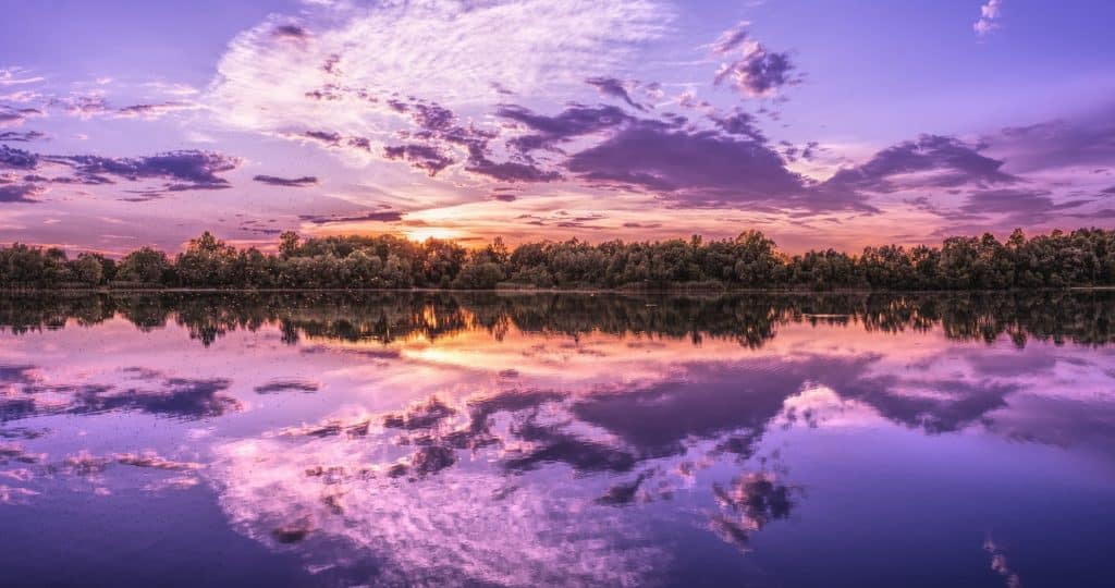 panorama, lake, sunset
